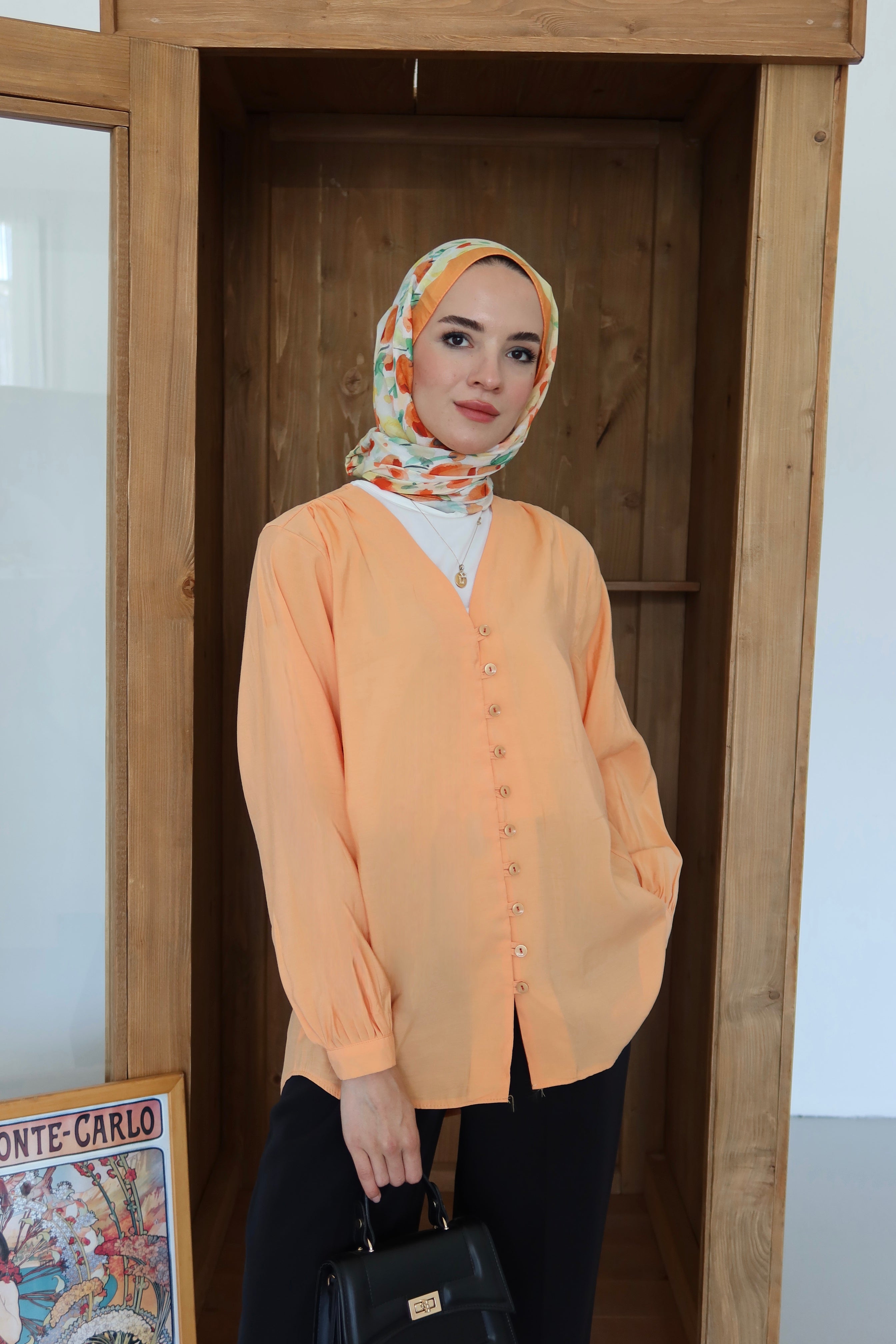 %100 Modal V Yaka Asimetrik Gömlek - Turuncu